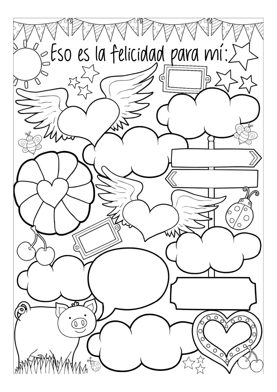 Blank Spanish happiness worksheet template for custom headings, titled 'Eso es la felicidad para mí'.