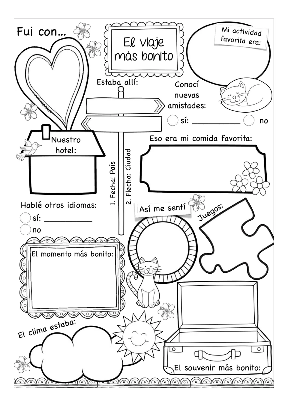 Spanish trip-writing worksheet prompts students to describe companions, destination, food, weather, and memories.