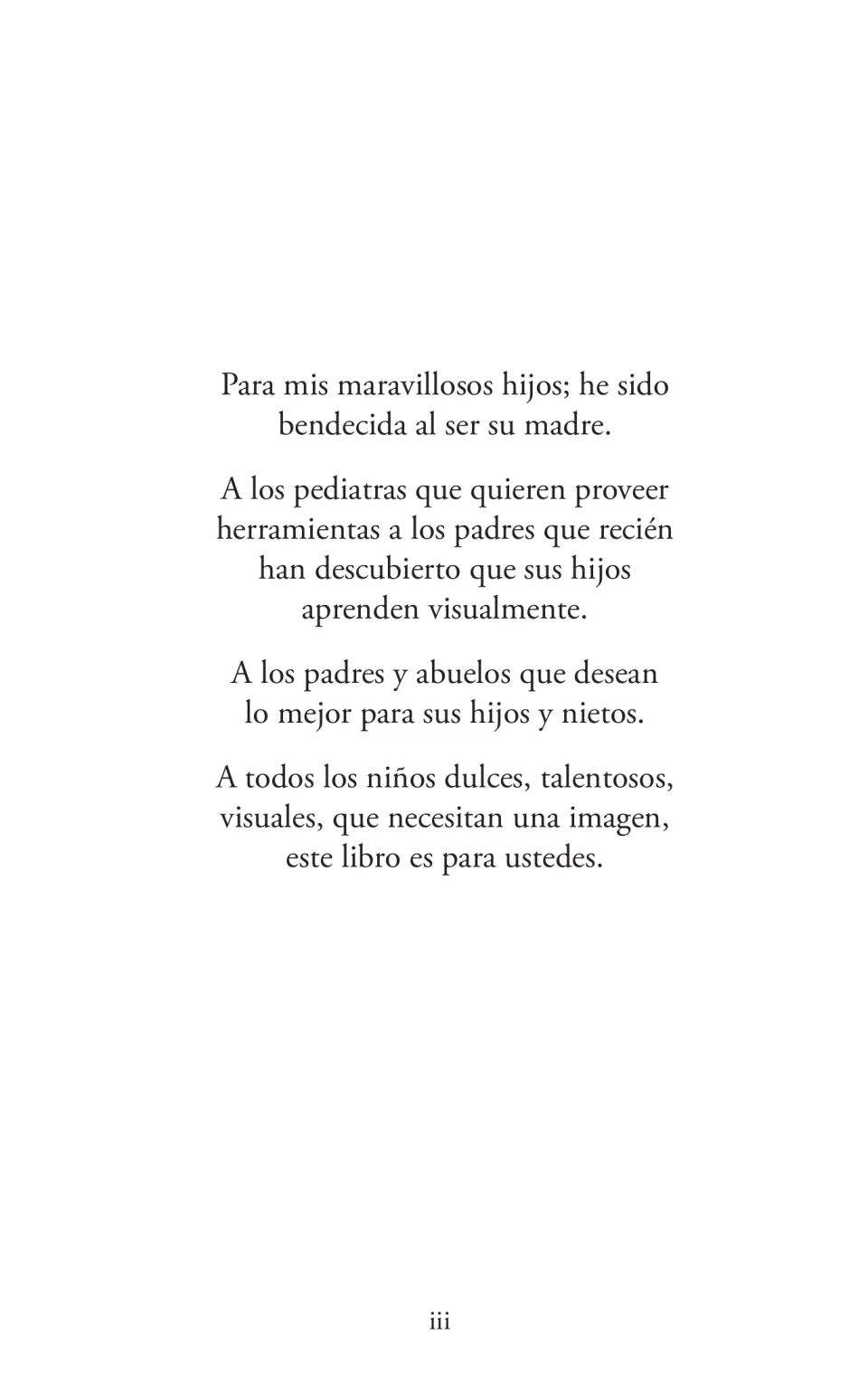 Dedication in the Spanish guide to the author's children, pediatricians, parents, grandparents, and visual learners
