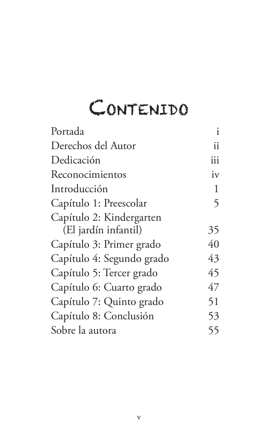 Contents of the Spanish guide list the introduction, preschool through fifth-grade chapters, and conclusion