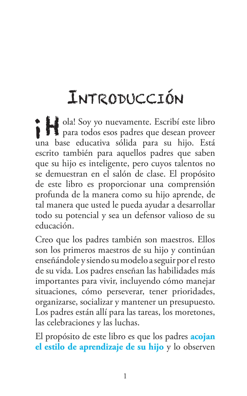 Introduction opening explains the Spanish guide's purpose and parents' roles as teachers and education advocates