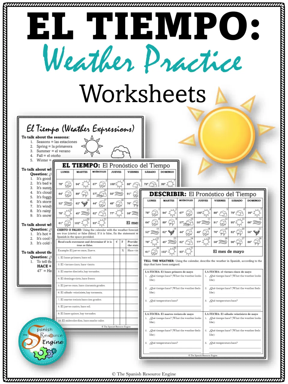 El Tiempo weather practice cover showing the expressions reference sheet, a May forecast calendar and two practice pages