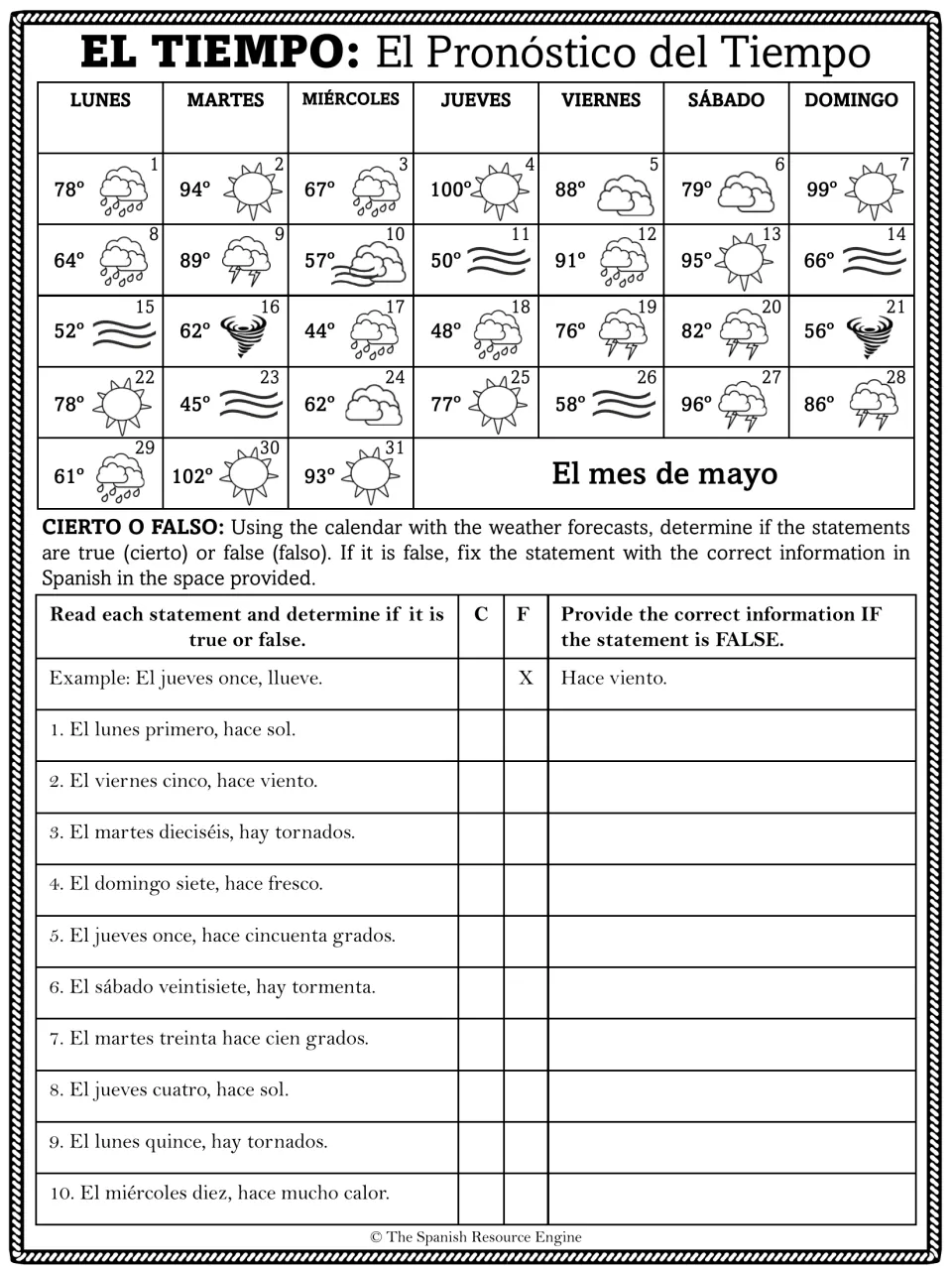 May weather forecast calendar: students mark 10 Spanish statements cierto or falso and correct the false ones in Spanish