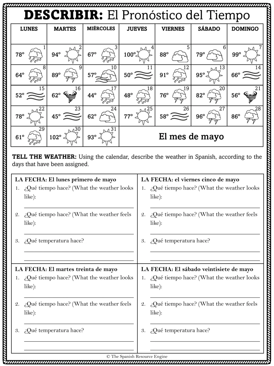 Describing the forecast: students use the May calendar to tell the weather and temperature in Spanish for four dates