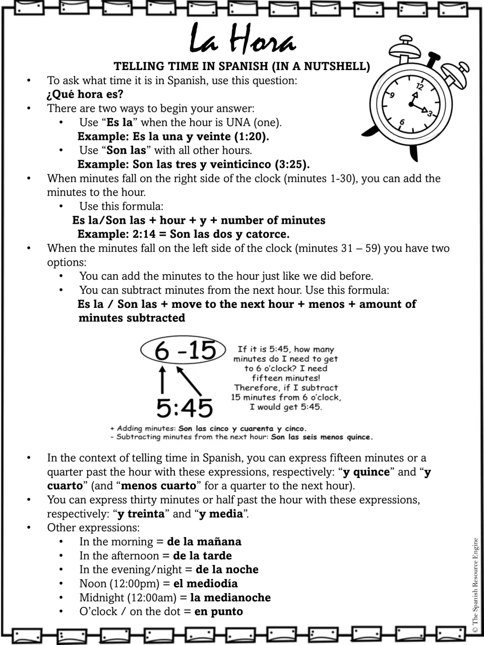 Telling time rules: ¿Qué hora es?, es la vs. son las, y and menos formulas, cuarto, media and time-of-day terms