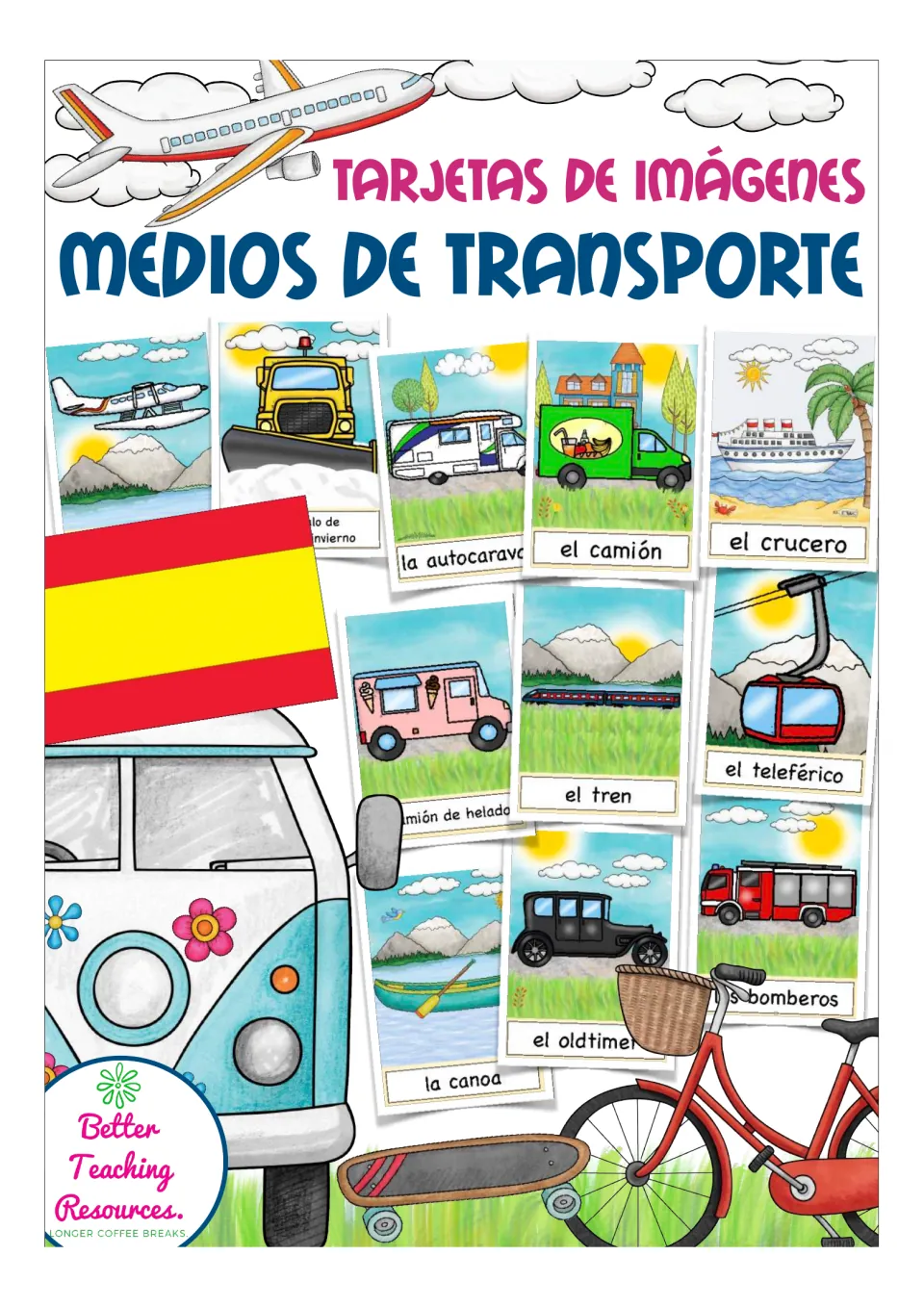 Cover of the Spanish transportation flashcard set, titled 'Tarjetas de imágenes: medios de transporte'