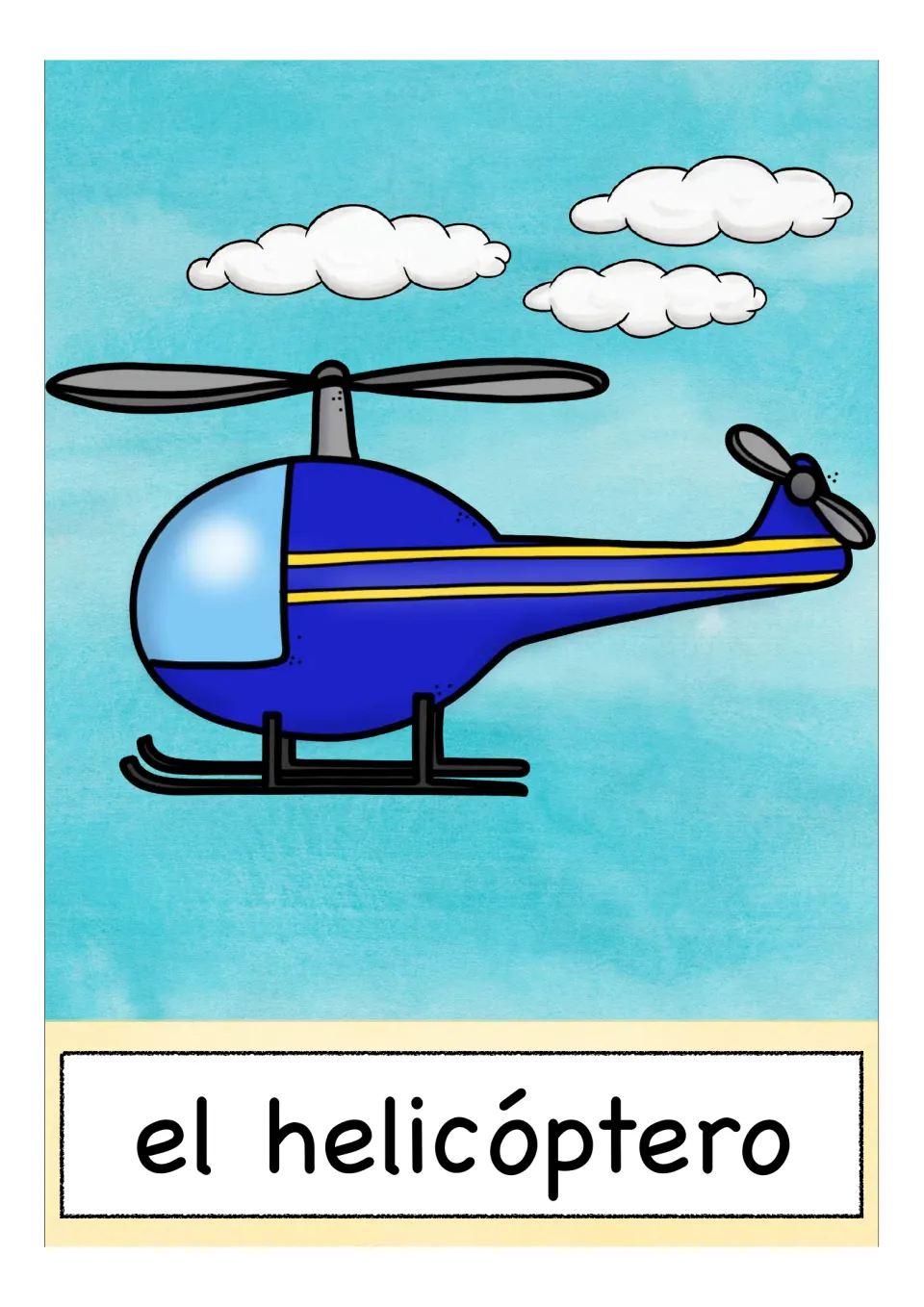 Spanish transportation flashcard labeled 'el helicóptero' (helicopter), showing a blue helicopter