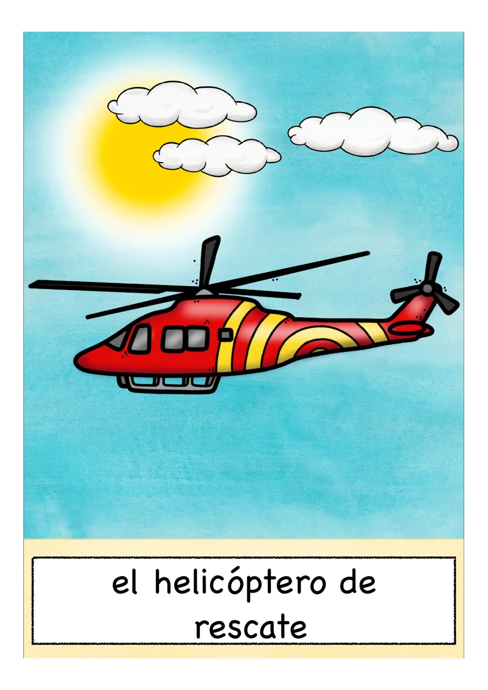 Spanish transportation flashcard labeled 'el helicóptero de rescate' (rescue helicopter), with a red helicopter