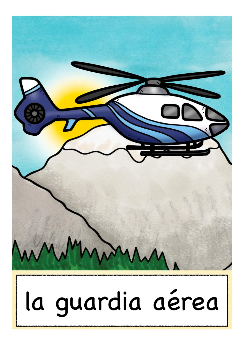 Spanish transportation flashcard labeled 'la guardia aérea' (air guard), showing a helicopter over mountains