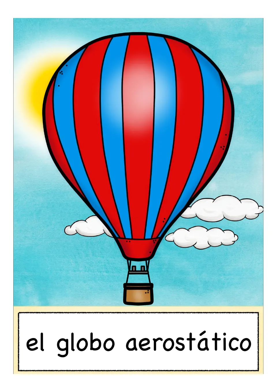 Spanish transportation flashcard labeled 'el globo aerostático' (hot air balloon), with a red and blue balloon