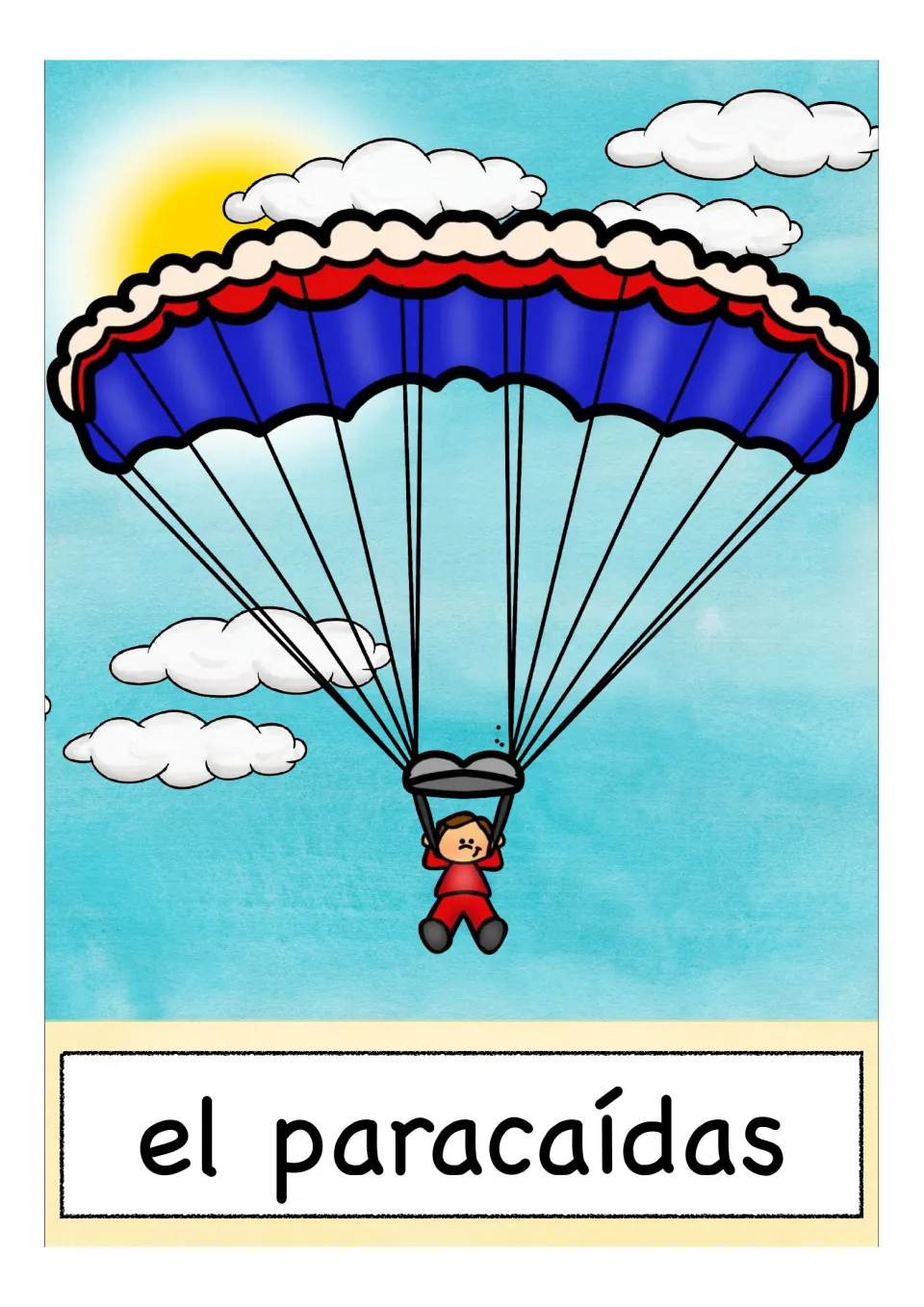 Spanish transportation flashcard labeled 'el paracaídas' (parachute), showing a person beneath a parachute