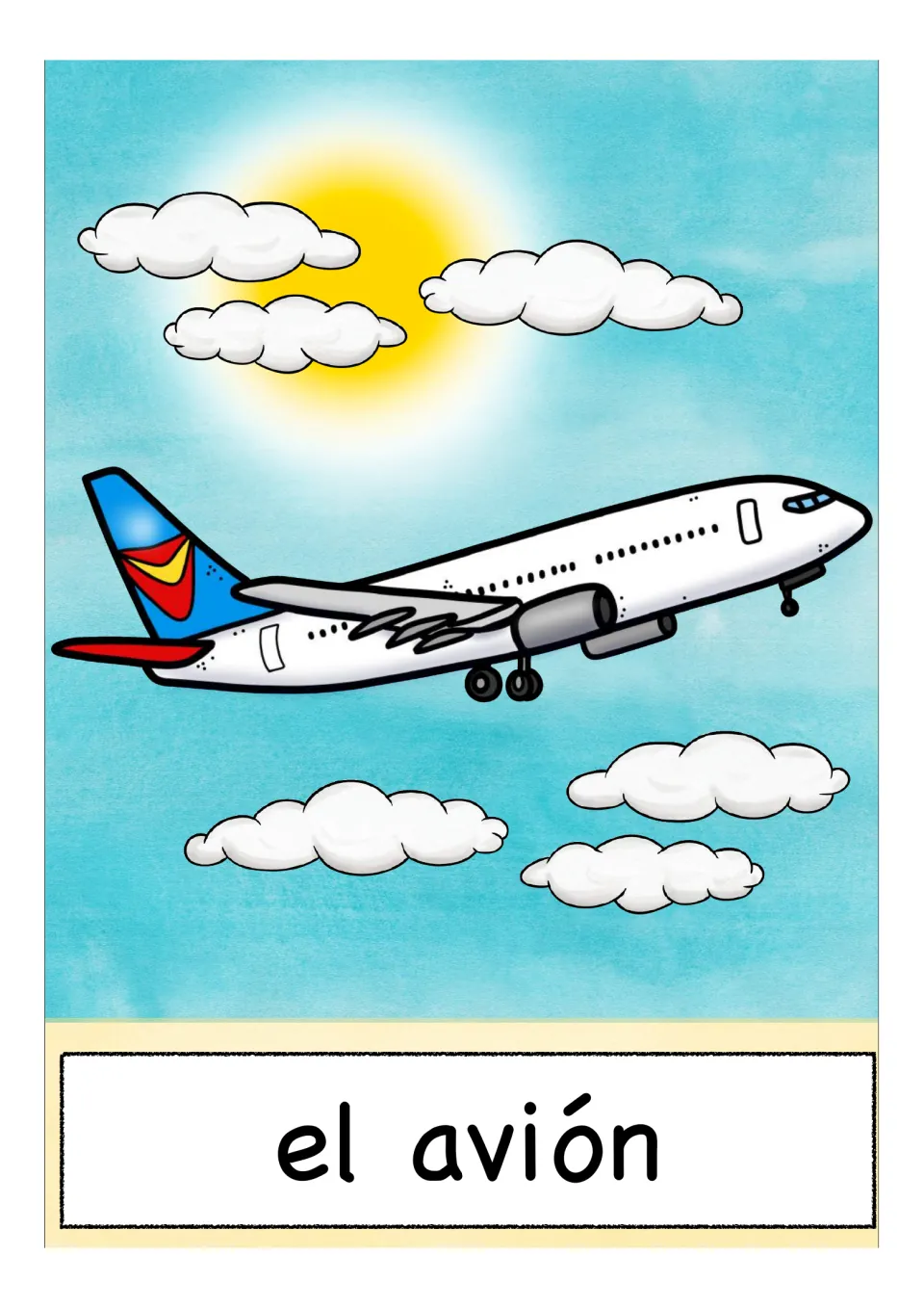 Spanish transportation flashcard labeled 'el avión' (airplane), showing a passenger jet in flight
