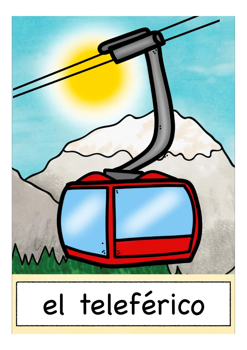 Spanish transportation flashcard labeled 'el teleférico' (cable car), showing a red cable car over mountains