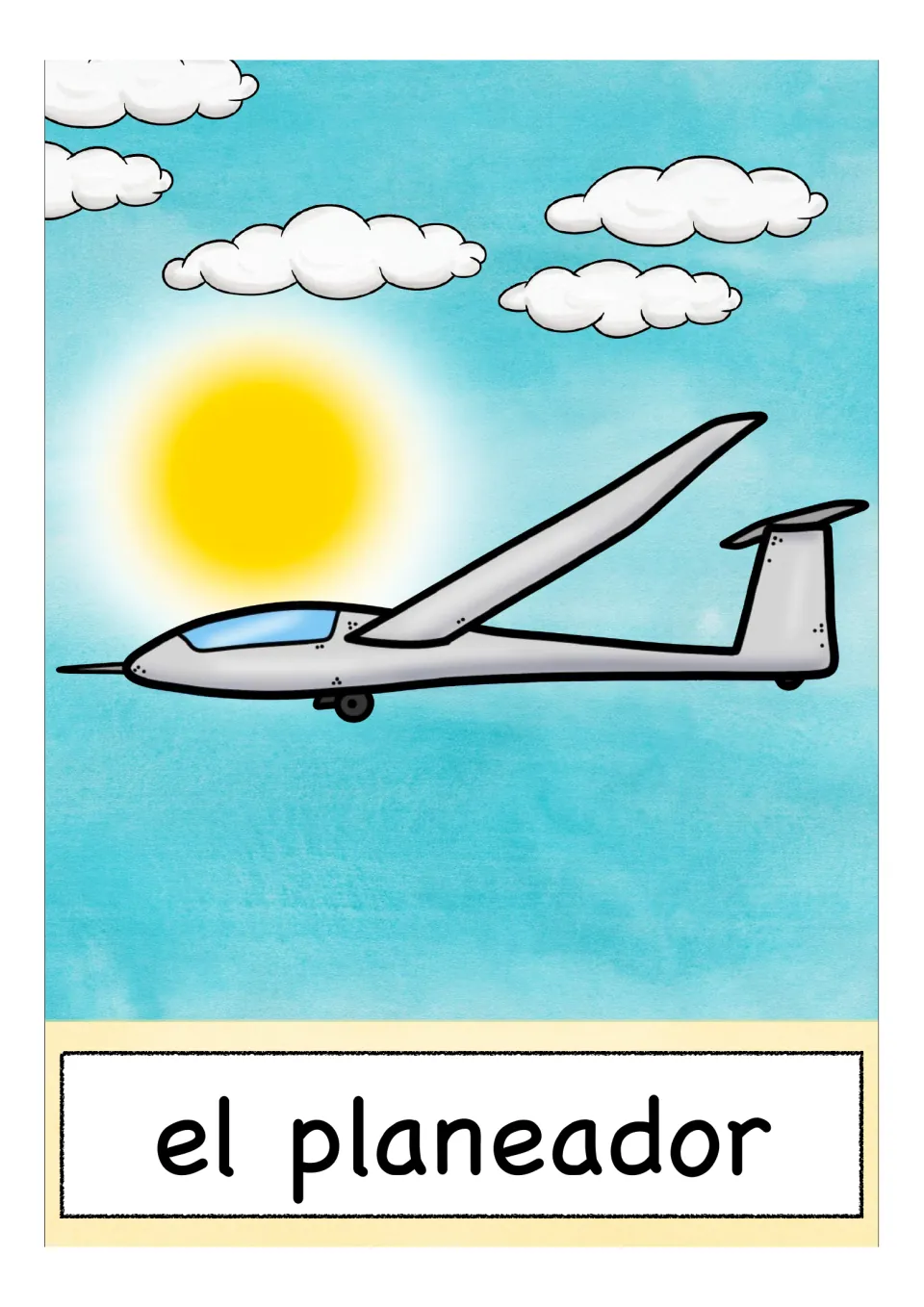 Spanish transportation flashcard labeled 'el planeador' (glider), showing a white glider in the sky