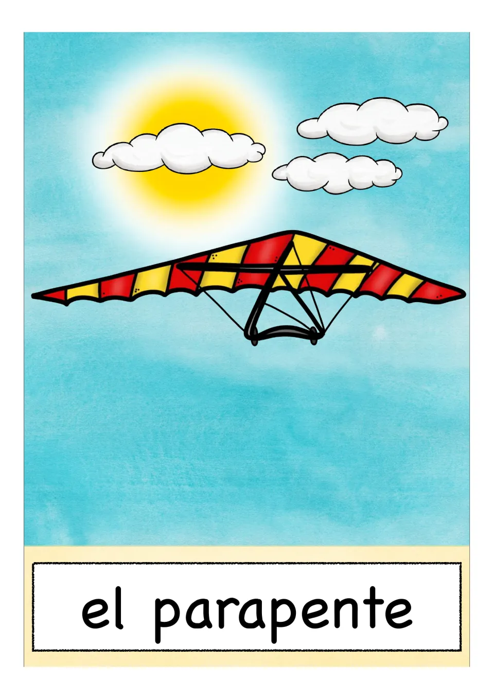 Spanish transportation flashcard labeled 'el parapente' (paraglider), illustrated with a red and yellow hang glider