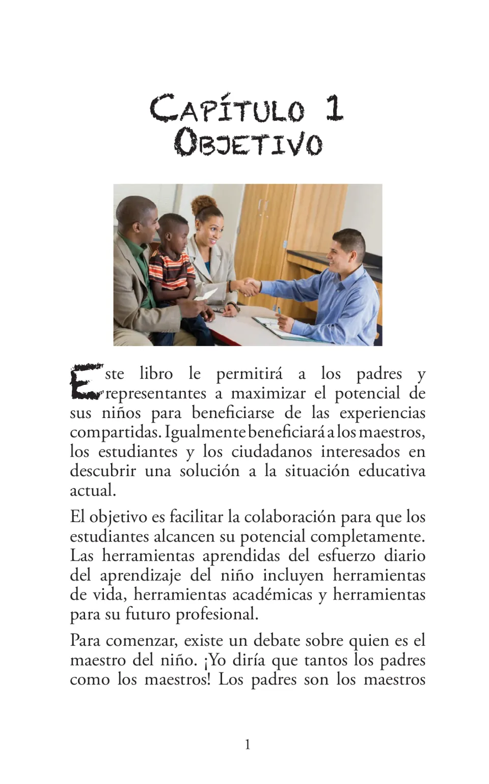 Chapter 1 opening, Objetivo (Objective), explains shared parent and teacher roles in children's learning
