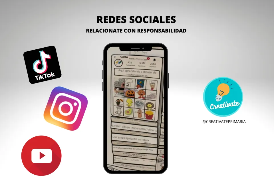 Social media workshop cover: 'Redes sociales' (social networks), with a completed paper profile example