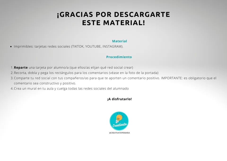 Workshop instructions in Spanish: choose a profile card, attach comment strips, and exchange positive comments