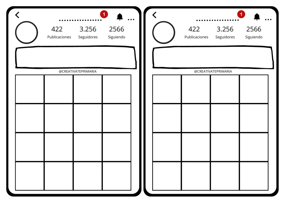 Two Instagram profile cards for fictional accounts, labeled 'Publicaciones' (posts) and 'Seguidores' (followers)