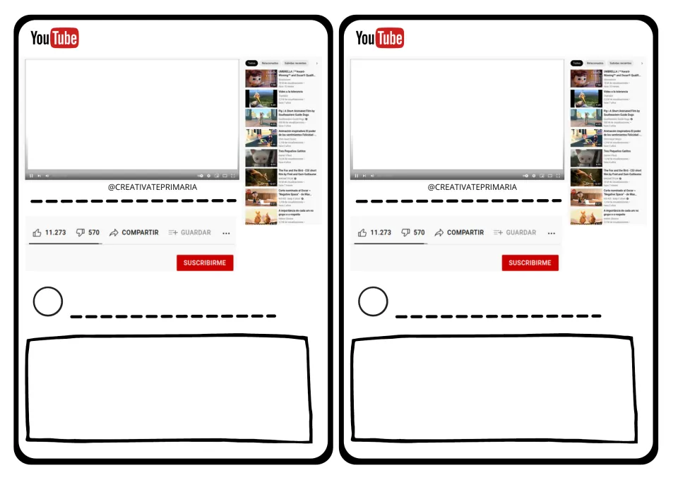 Two YouTube profile cards for fictional accounts, each featuring 'Compartir' (share) and 'Suscribirme' (subscribe)