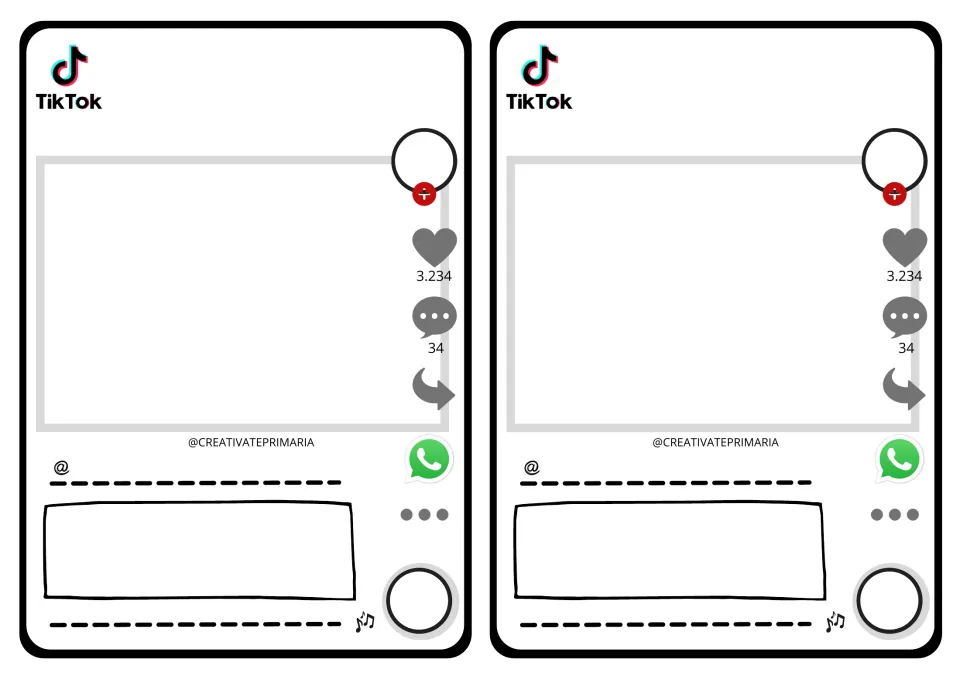 Two TikTok profile cards for fictional accounts, each showing a username prompt, 3.234 likes, and 34 comments