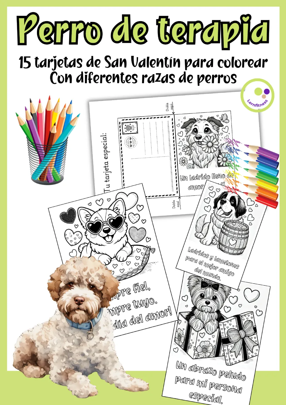 Cover introducing 15 Spanish Valentine's Day coloring cards featuring different dog breeds and messages.