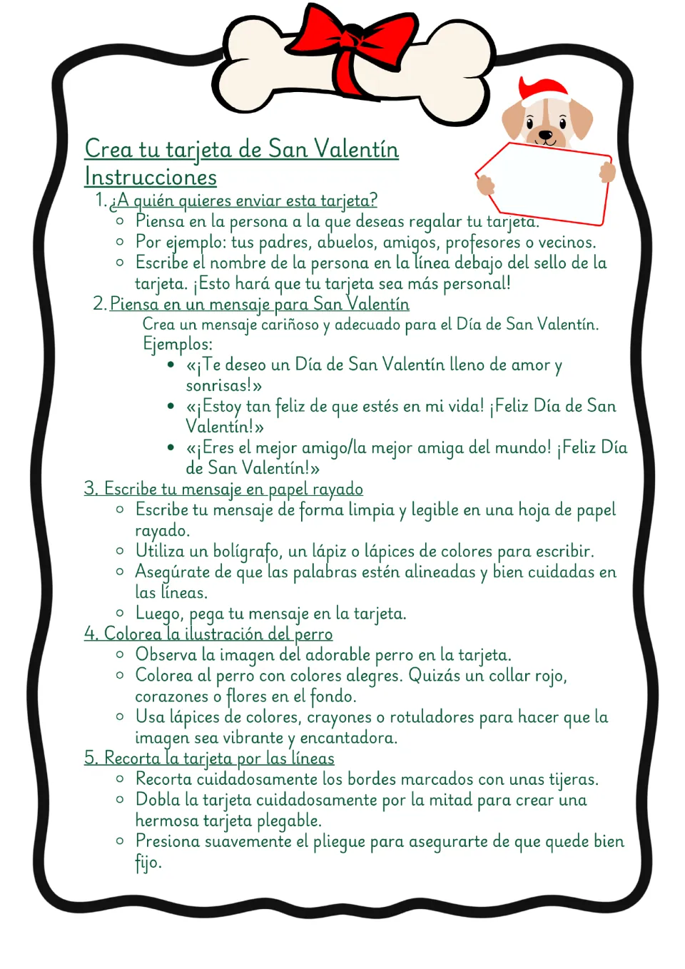 Spanish Valentine card instructions: choose a recipient, write a message, color the dog, cut, and fold.
