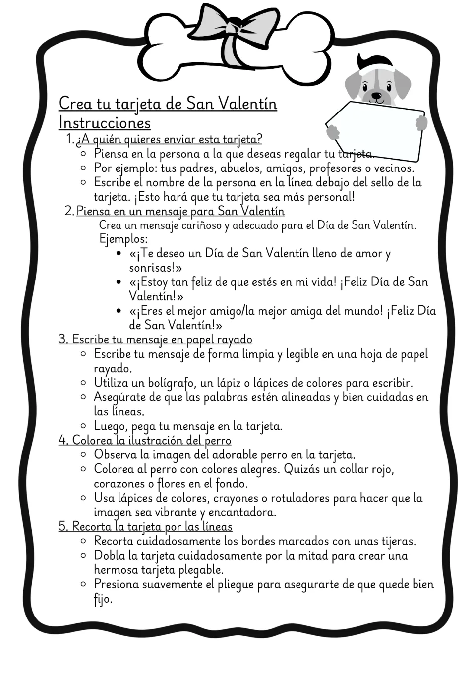 Black-and-white Spanish instructions for choosing a Valentine recipient, writing, coloring, cutting, and folding.