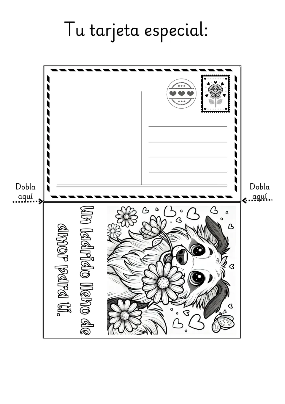 Dog Valentine coloring card 2: a dog holding flowers and 'Un ladrido lleno de amor para ti' (a bark full of love).
