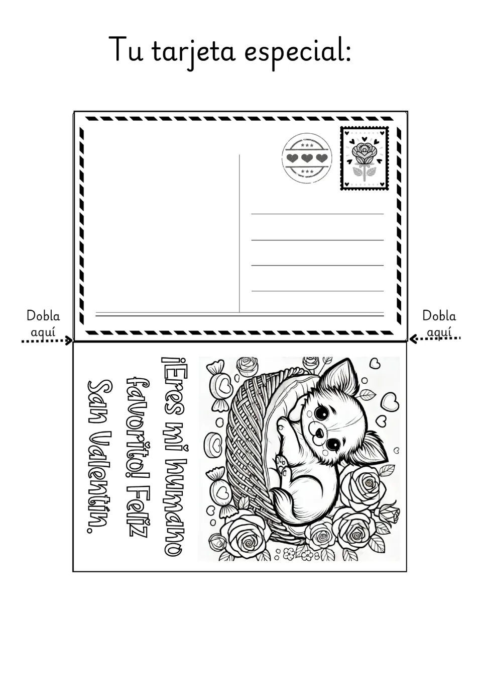 Dog Valentine coloring card 3: a Chihuahua in a basket and '¡Eres mi humano favorito!' (you're my favorite human).