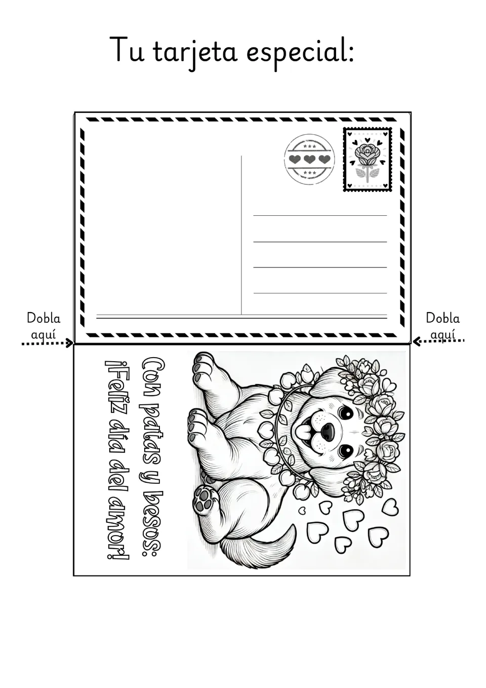 Dog Valentine coloring card 4: a puppy wearing flowers and 'Con patas y besos' (with paws and kisses).
