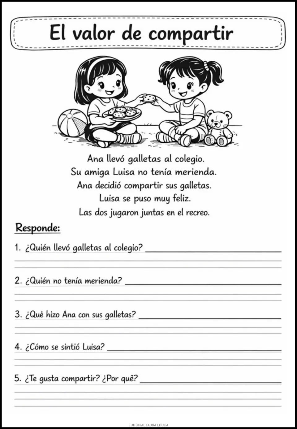 Compartir (sharing) reading worksheet: Ana shares cookies with Luisa, followed by five questions
