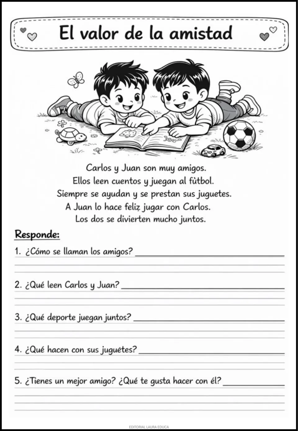 Amistad (friendship) reading worksheet: Carlos and Juan read, play, and share toys, with five questions