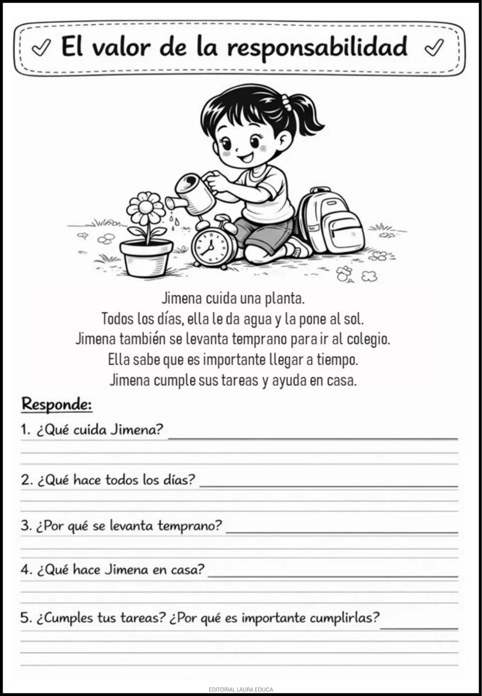 Responsabilidad (responsibility) reading worksheet: Jimena cares for a plant and completes tasks; five questions