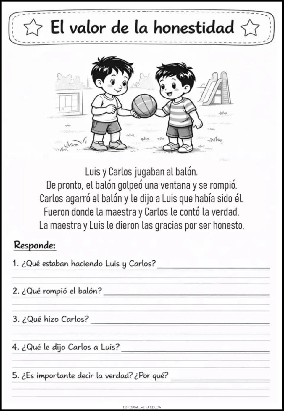 Honestidad (honesty) reading worksheet: Carlos tells the truth after a ball breaks a window; five questions