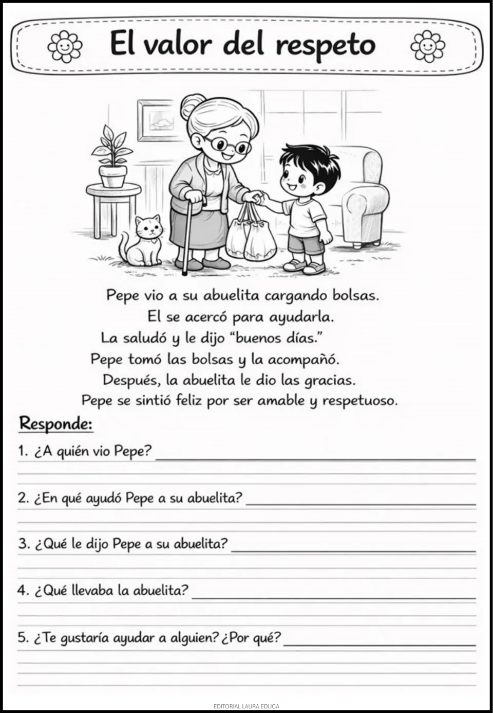 Respeto (respect) reading worksheet: Pepe greets his grandmother and helps carry her bags; five questions