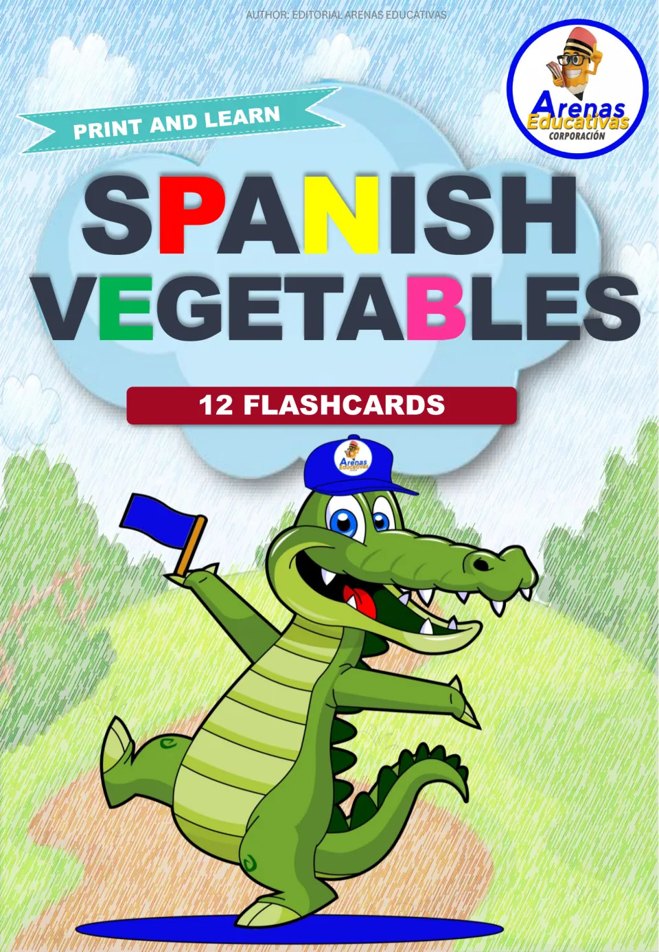 Cover of the Spanish vegetable flashcard resource, labeled '12 Flashcards' and 'Print and Learn'