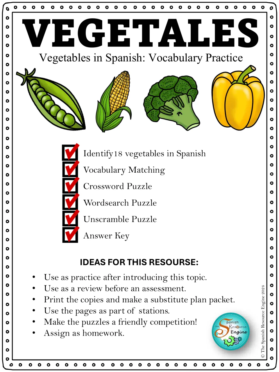 Vegetales cover: 18 Spanish vegetable words with matching, crossword, word search, unscramble puzzle and answer key