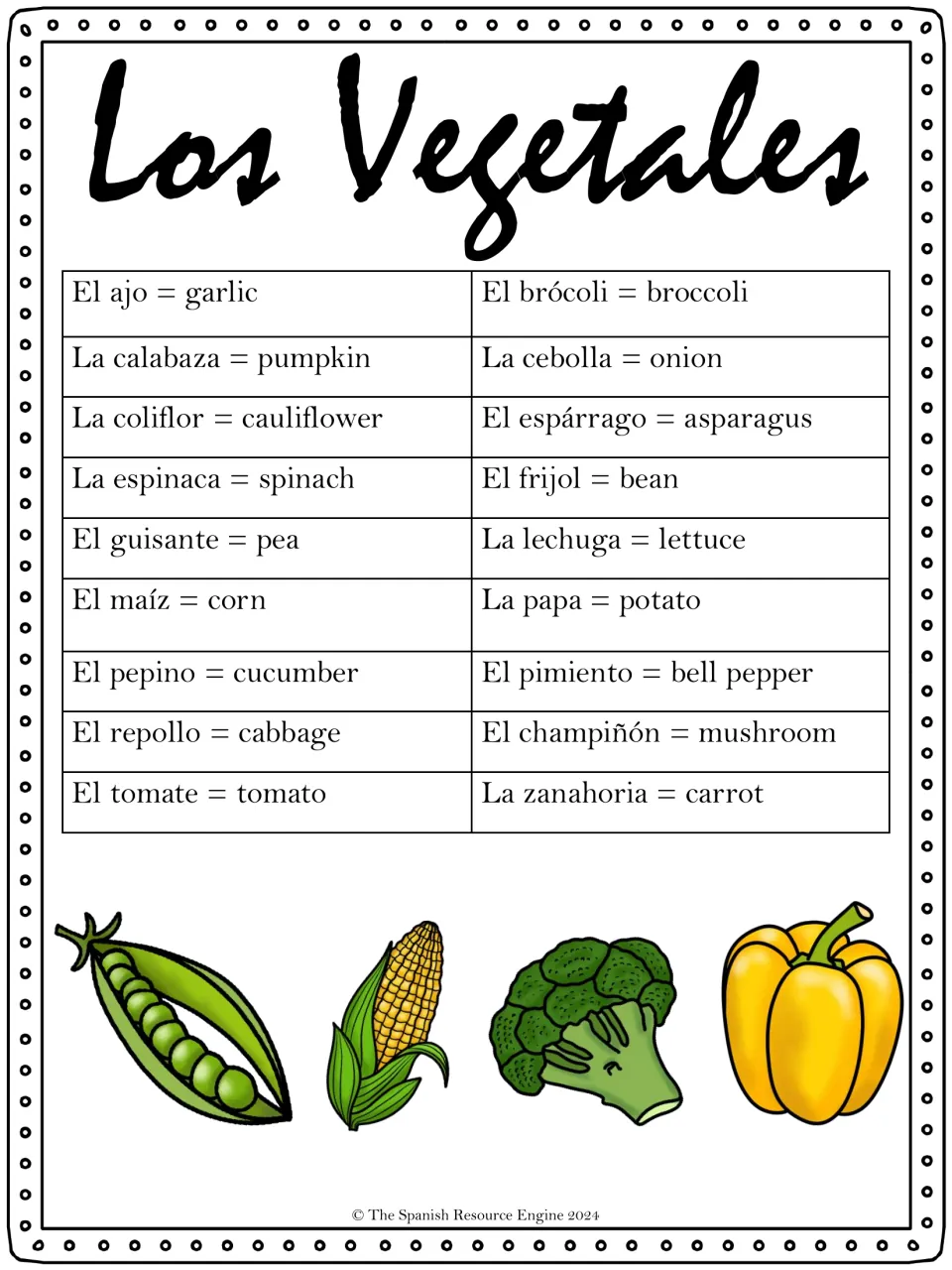 Los Vegetales reference list: 18 Spanish vegetable nouns with el or la and English meanings, from el ajo to la zanahoria