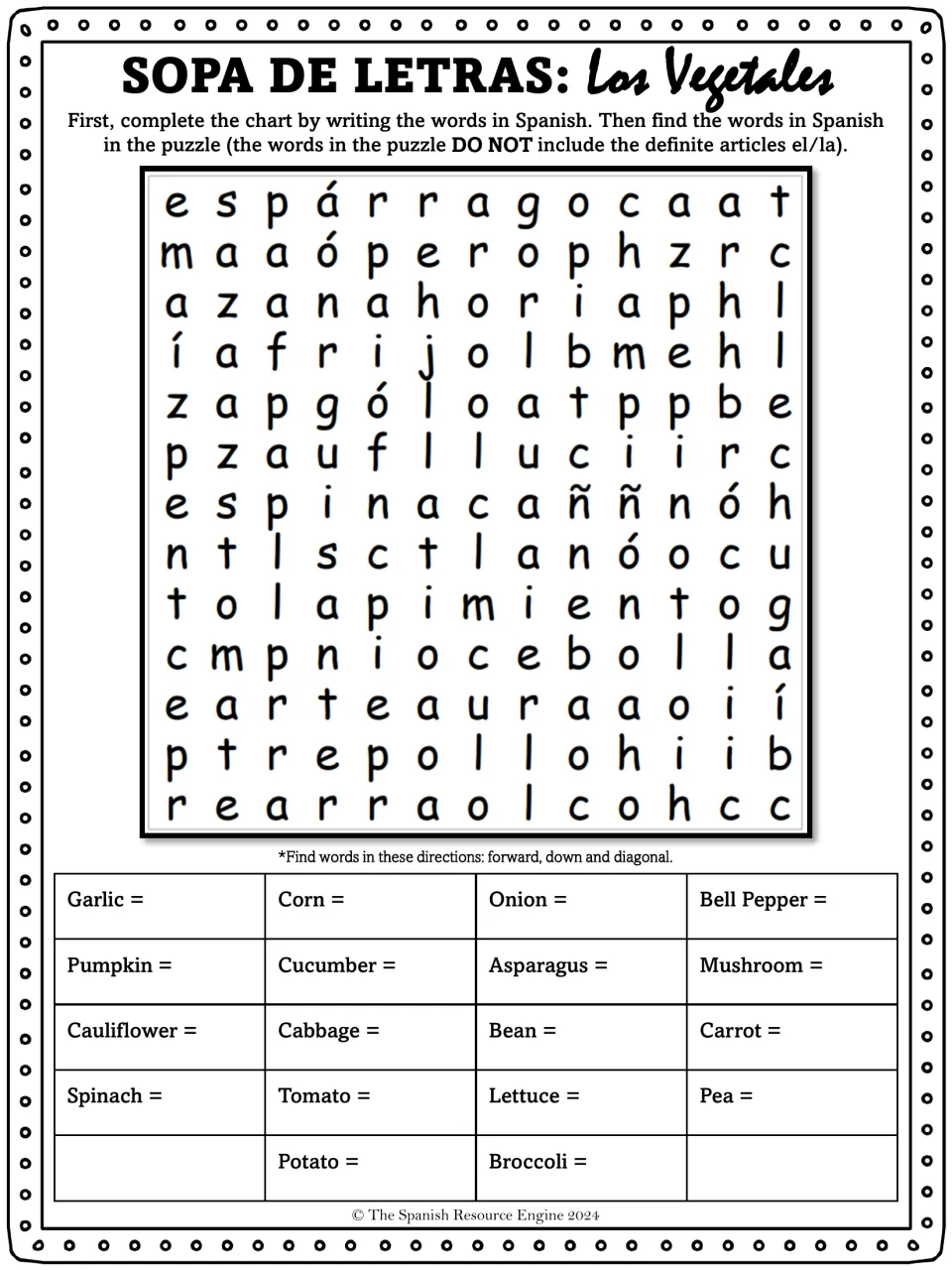 Sopa de letras: students write the Spanish word for 18 vegetables, then find each one forward, down or diagonally