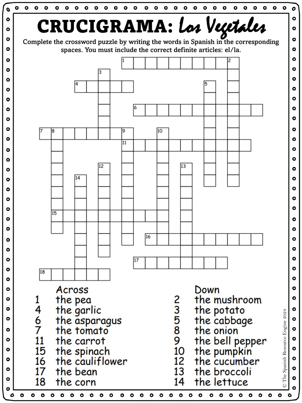 Crucigrama: students fill a crossword with Spanish vegetable names and their el or la articles from English clues