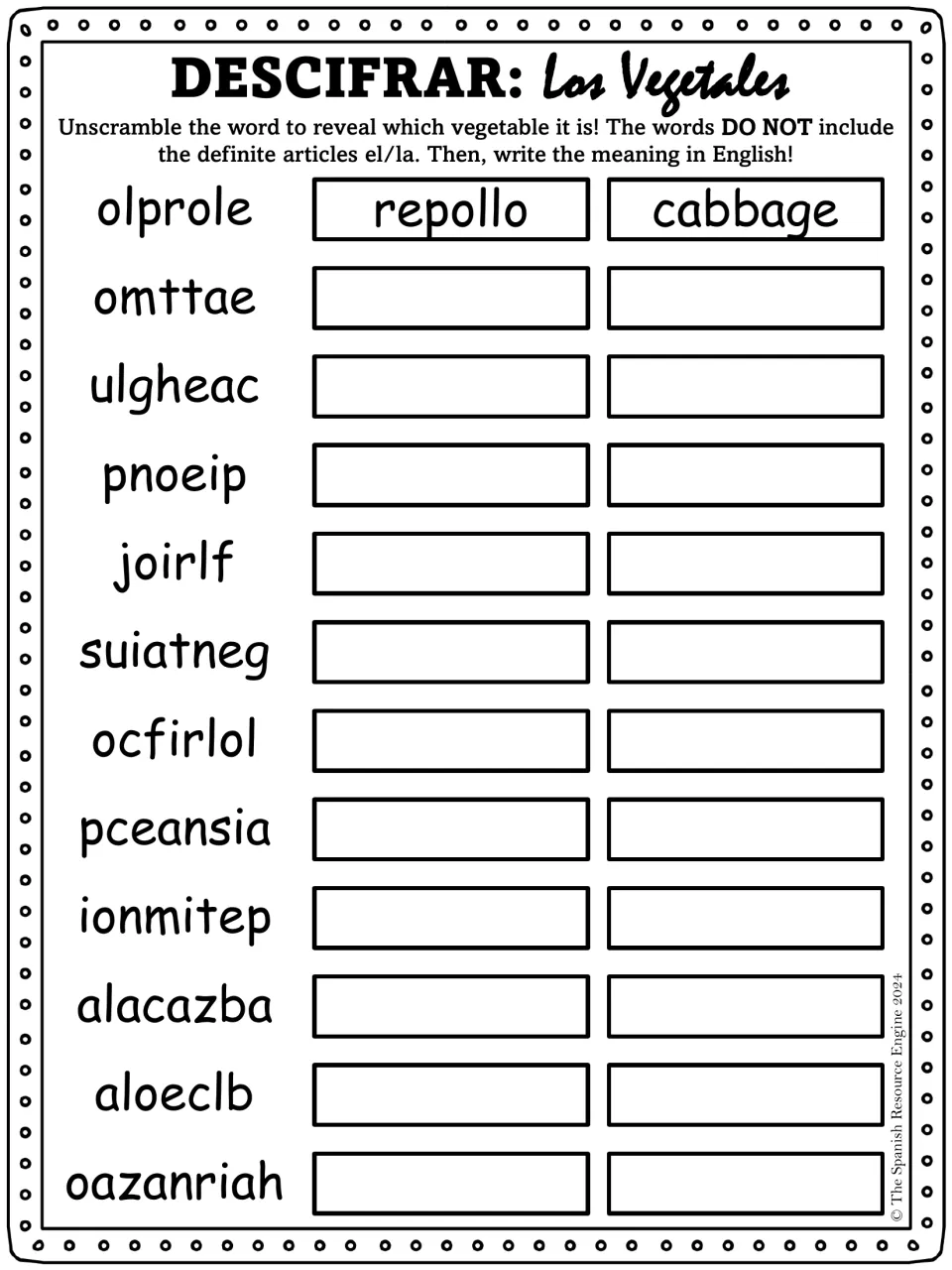 Descifrar: students unscramble 12 Spanish vegetable words such as omttae and pnoeip, then write each English meaning