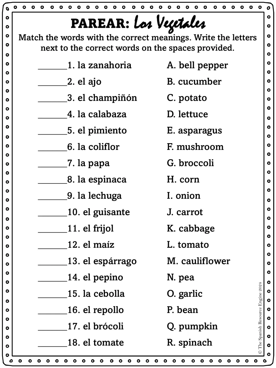 Parear: students match 18 Spanish vegetable nouns, like la zanahoria and el ajo, to English meanings lettered A to R