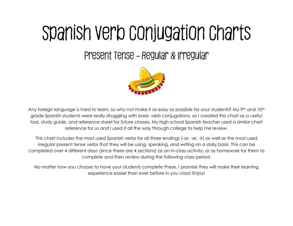 Teacher note: chart covers common -ar, -er, -ir and irregular present-tense verbs, in 4 sections for class or homework