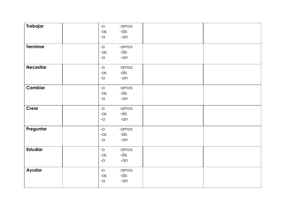 -AR verbs continued: students translate and conjugate trabajar, terminar, necesitar, estudiar, ayudar and more