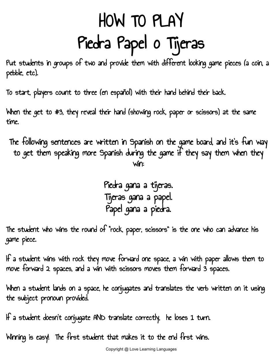 How to play Piedra Papel o Tijeras: pairs play rock, paper, scissors to move, then conjugate and translate the verb ir