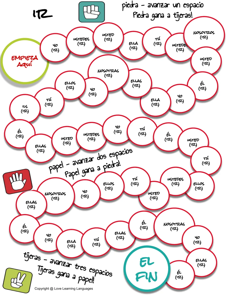 Ir game board: from Empieza aquí to El fin, students conjugate ir for the pronoun on each space, such as yo, tú or ellas