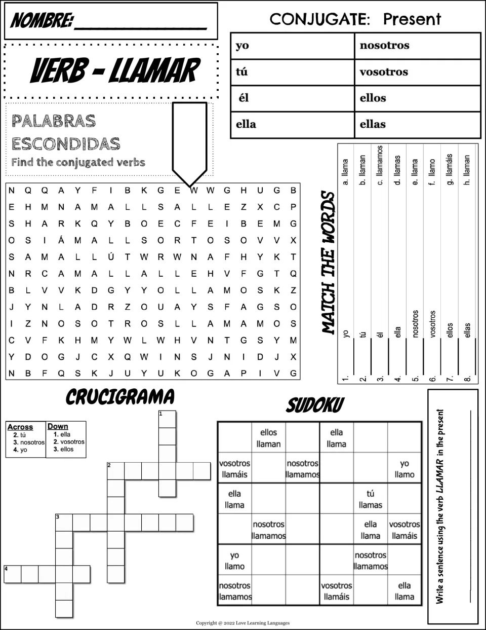 Spanish llamar (to call) practice: present-tense conjugation, word search, matching, crossword, and sudoku