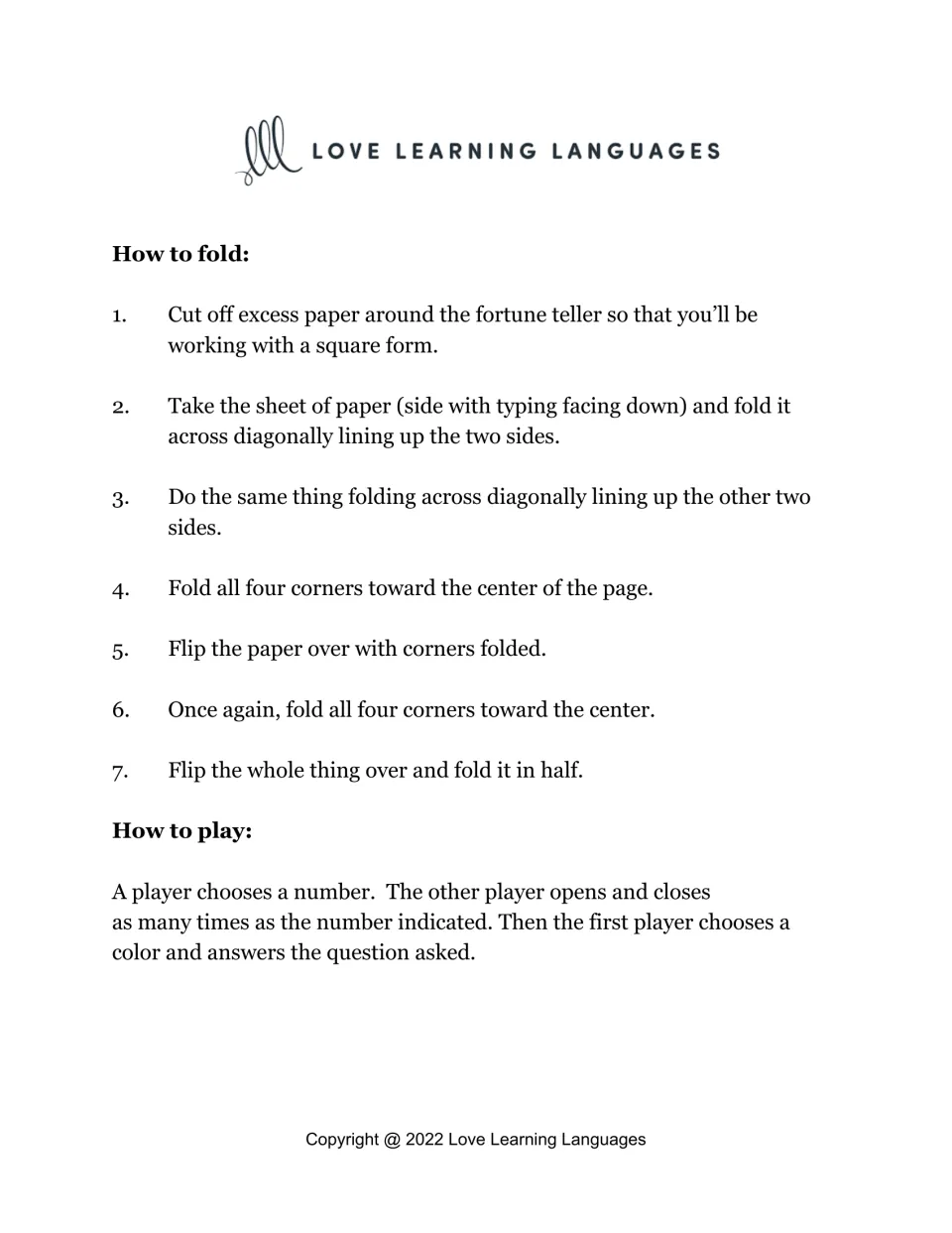 Fortune teller directions: seven steps to cut and fold the square, then how to play by picking a number and a color