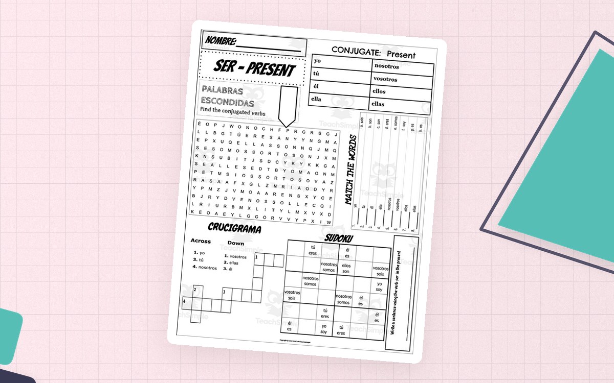 Spanish Verb SER Conjugation – Worksheet Pack preview: Present-tense conjugation section